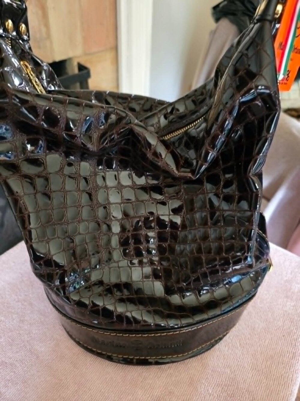MARINO ORLANDI Made In Italy Leather Sling Backpack Patent Croc Leather